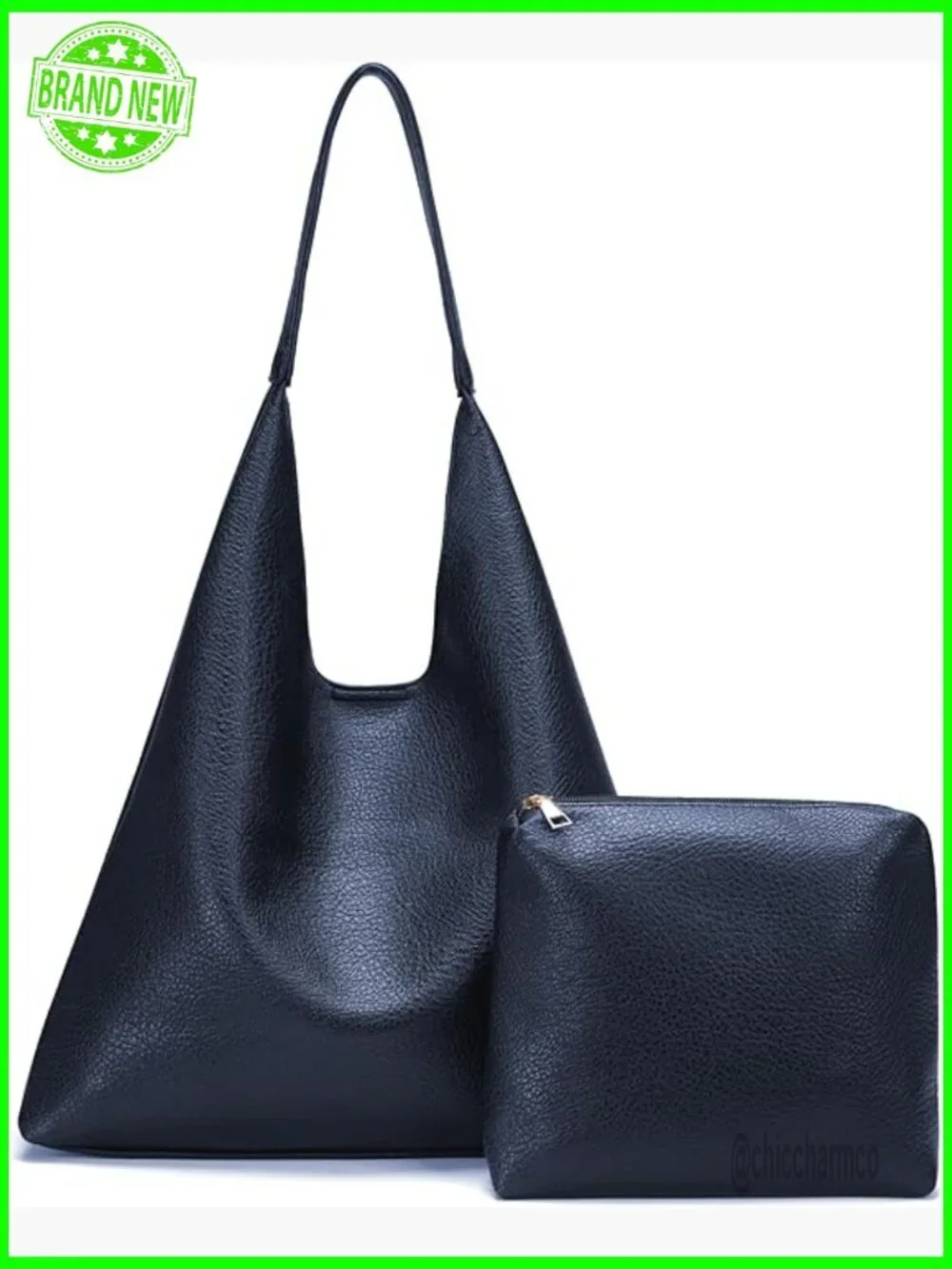 Soft Vegan Leather Hobo Shoulder Bag Slouchy Tote with Cosmetic Purse